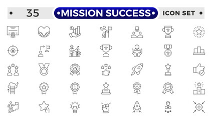 Mission Success outline web icons set. Success, achievement, successful, strategy, winner, teamwork, goal, brainstorm, challenge and task.