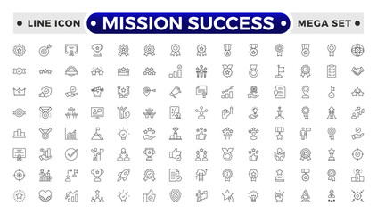 Mission Success outline web icons set. Success, achievement, successful, strategy, winner, teamwork, goal, brainstorm, challenge and task.