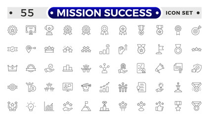 Mission Success outline web icons set. Success, achievement, successful, strategy, winner, teamwork, goal, brainstorm, challenge and task.