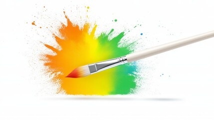 Fototapeta premium Paintbrush with red tipped brush creating vibrant explosion of yellow orange and green paint against white background