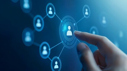 Finger touching central user icon that is connected to other user icons in network illustrating the concept of human resource management or social connections