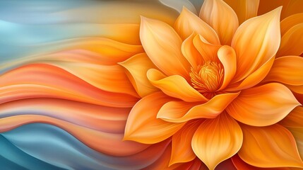 Vibrant orange dahlia with multiple layers of petals is partially visible against flowing background 