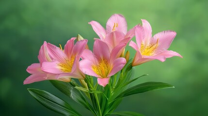 Obraz premium Cluster of delicate pink freesia flowers with yellow throats and green leaves is presented against softly blurred green background