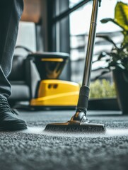 Fototapeta premium Person vacuuming gray carpet with yellow vacuum cleaner in modern office interior low angle shot