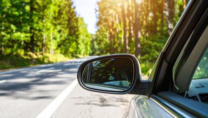 Serene green background with car on road and rear mirror