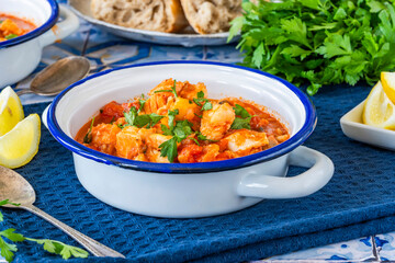 Fish stew made of cod, salmon, smoked haddock and prawns