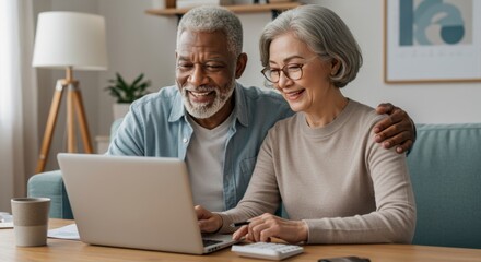 Happy senior couple using laptop together at home