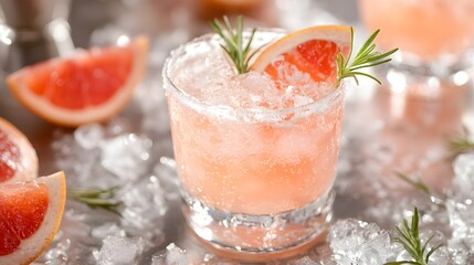 Close-up of a Paloma in a clear glass with rosemary and grapefruit slices.