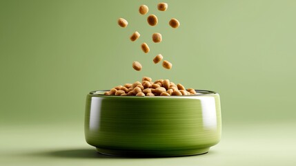 dry dog food falling into a round glossy ceramic