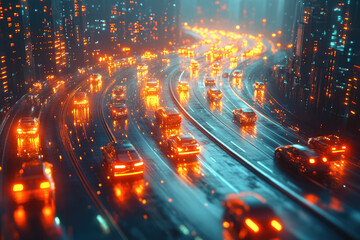 Cinematic View of Digital City Roads in Holographic Wireframe Glow