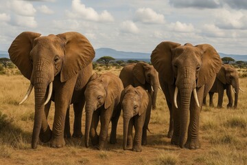 Obraz premium Majestic elephants roam savannah.