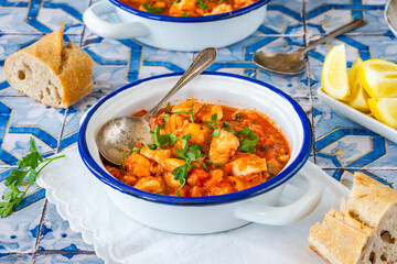 Fish stew made of cod, salmon, smoked haddock and prawns