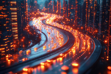 Obraz premium Futuristic Wireframe City with Glowing Quantum Core and Neon Lights