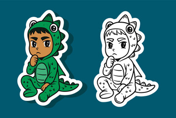 Cute Kid in a Dragon Costume Sticker Illustration