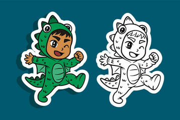 Cute Kid in a Dragon Costume Sticker Illustration