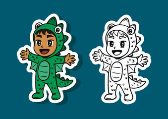 Cute Kid in a Dragon Costume Sticker Illustration