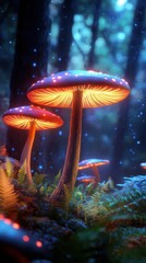 Illuminated fungi in a vibrant, enchanting forest scene.