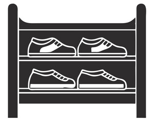 Black silhouette of a shoe rack displaying four pairs of shoes on white background