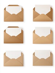 Six brown kraft paper envelopes with blank white cards flat lay on white background studio shot invitation concept