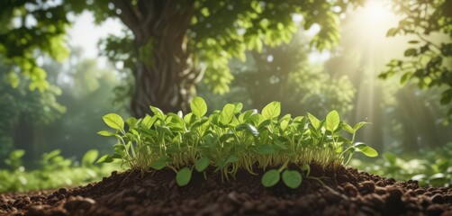Tender coffee bean sprouts, lush green leaves, sunlit background , coffee plant,  background