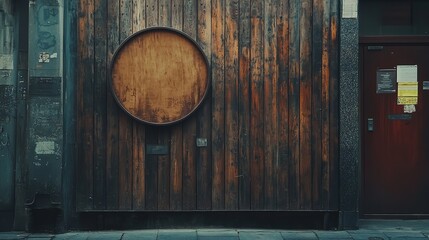 Rustic Wooden Wall Circular Panel Urban Door Dark Brown Aged Texture Vintage Exterior Street Scene
