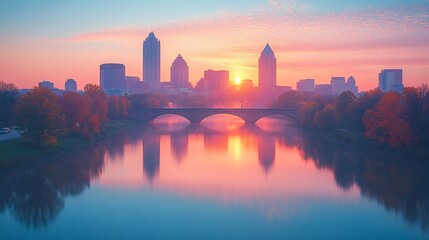 Fototapeta premium Scenic view of Columbus skyline with bridges and calm water reflections 
