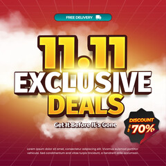 11.11 Exclusive Shopping day Sale discount deals Editable text with Deep maroon red gradient Marketing Promotion banner template