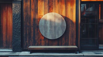 Japanese Restaurant Exterior Design Wooden Wall Circular Sign Bench