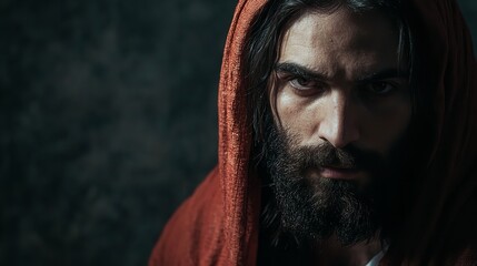 Intense Gaze Bearded Man in Red Hood Dramatic Portrait Mysterious Spiritual Faith Belief Hope Dark