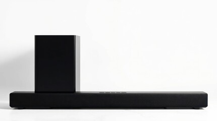 Audio Equipment: A sleek black soundbar paired with a subwoofer against a clean white backdrop.