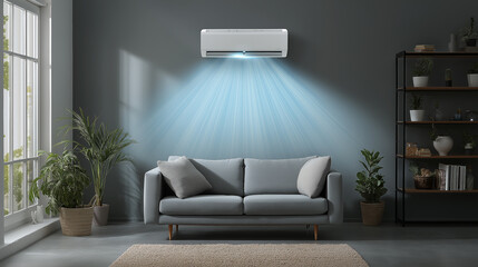Modern Air Conditioning System Cooling a Stylish Living Room – Contemporary Decor with Indoor Plants and Bright Natural Light