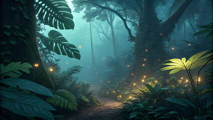 A misty forest with large leaves and glowing fireflies along a winding path