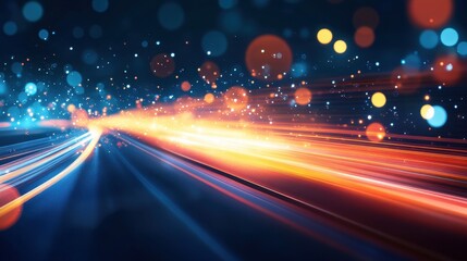Abstract light trails creating dynamic motion blur effect in orange and blue tones with bokeh background for technology concept
