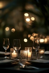 Elegant dinner table setting with wine glasses and candles at night low angle shot for romantic evening or special occasion