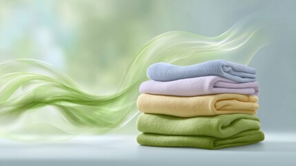Soft towels stacked neatly with a gentle breeze creating a serene atmosphere in a light-filled space
