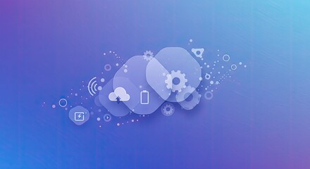 Abstract digital technology concept. Overlapping translucent shapes, representing interconnected systems, applications and processes, against a gradient background