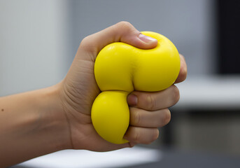Hand grip squeezing a vivid yellow stress ball as a calming mechanism