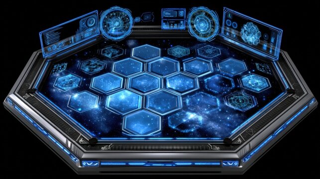 Futuristic digital interface displaying glowing holographic data in dark space, a complex holodeck control system with 2-standard v2-6x elements.