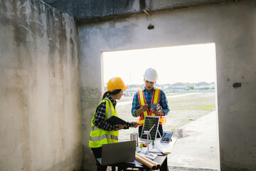 Architects and engineers collaborate at a desk with blueprints and solar panels, planning...