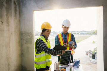 Architects and engineers collaborate at a desk with blueprints and solar panels, planning...