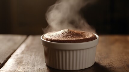 Single chocolate souffle in a white ramekin just out of the oven with steam rising.
