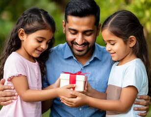 Children give a gift to their father and hug him. Happiness and smiles.
