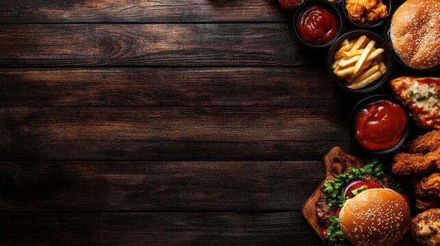 Fast food items arranged on a dark wooden surface. - Powered by Adobe