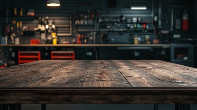 Rustic Wooden Table in a Dark Workshop Tools Crafts Background