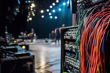 Wiring and stage setup visible during a live music performance at an indoor venue