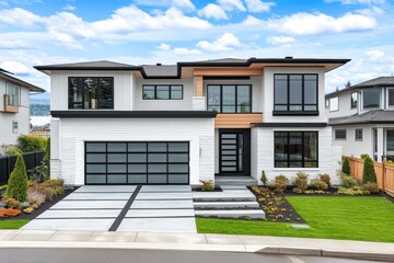 Modern, two-story home with a clean, contemporary design. Gray-toned exterior with white accents, a large garage, and a landscaped yard