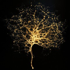 Abstract Neural Network Visualization on Black Background Golden Light Connectivity Artificial Intelligence Concept