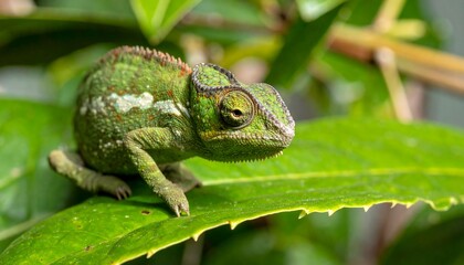 Fototapeta premium Green Chameleon on Lush Green Leaf