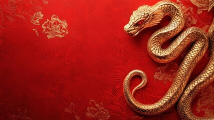 Golden Serpent on Red Chinese Background: A Symbol of Luck and Prosperity