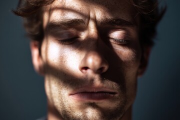 Man with closed eyes experiences emotional moment in shadowed light